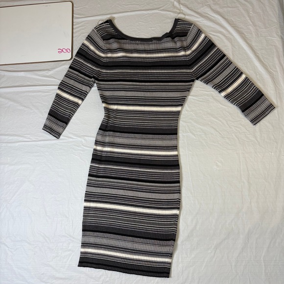 Say What? Womens XL Striped Ribbed Knit Bodycon Sweater Dress 3/4 Sleeve Grey - Picture 2 of 9